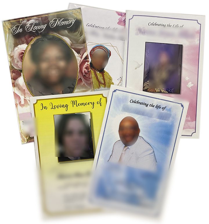 Folded memorial programs printed at Baldwin Graphics
