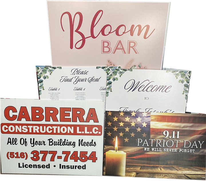 Lawn signs and event posters printed at Baldwin Graphics on corrugated board