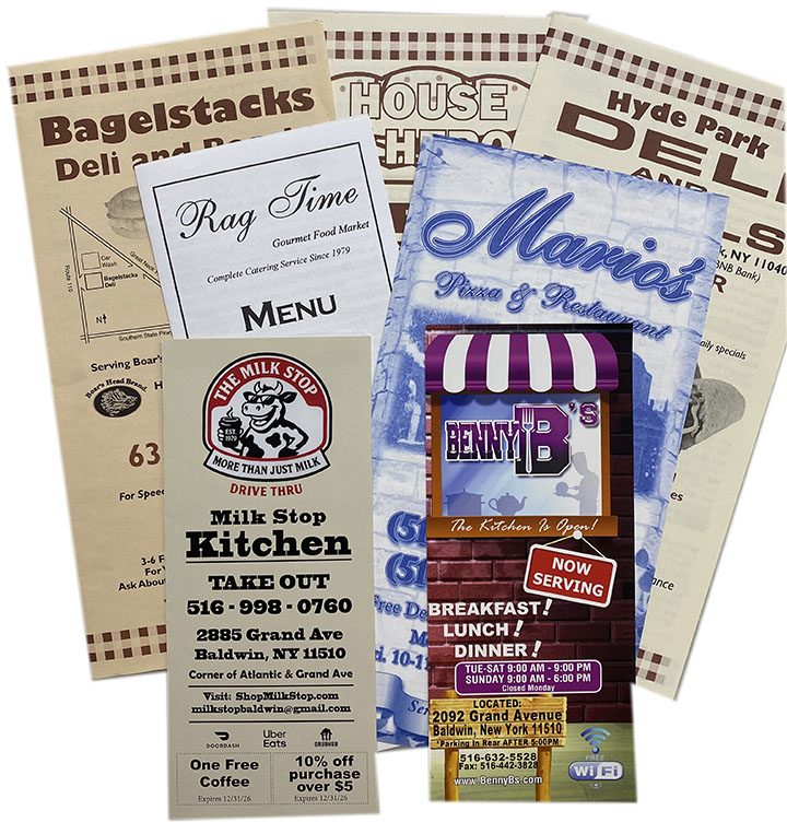 Takeout menus printed at Baldwin Graphics for local delis and restaurants